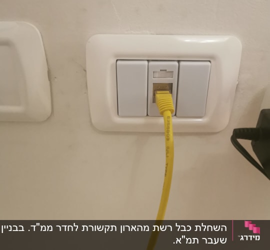 כבל רשת צהוב מחובר לשקע קיר לבן